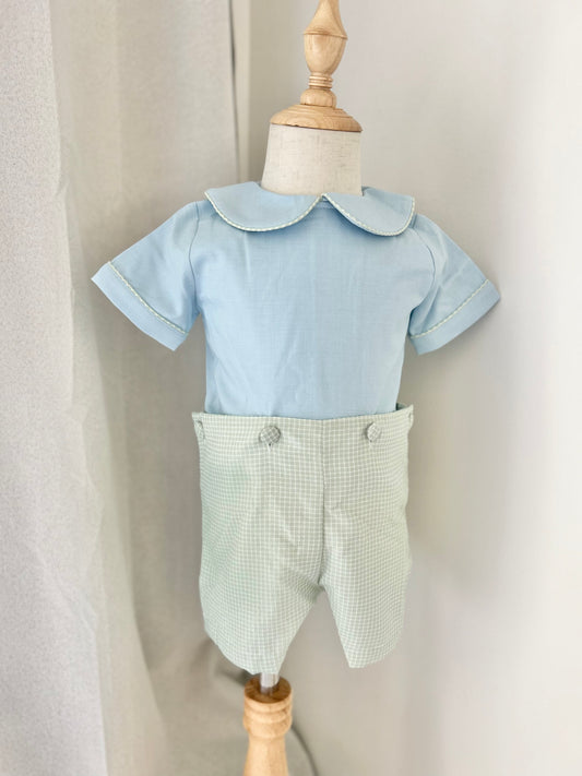 Boys Chapel Blue Linen Top, Sage Windowpane Button On Shorts