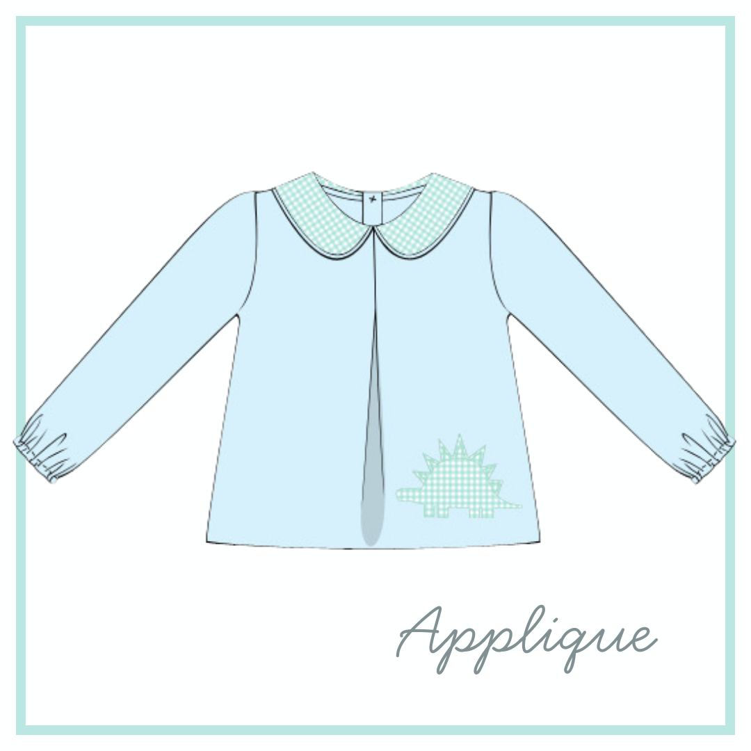 December Arrival Dino Seafoam Applique Pleat Top