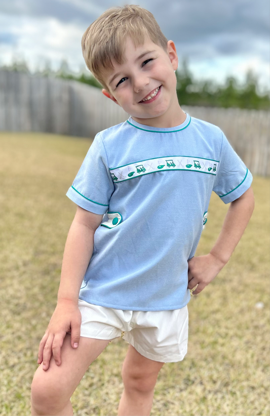 Boys Golf Ribbon Blue Oxford Fabric & Yellow Mini Stripe Straight Shortie Set