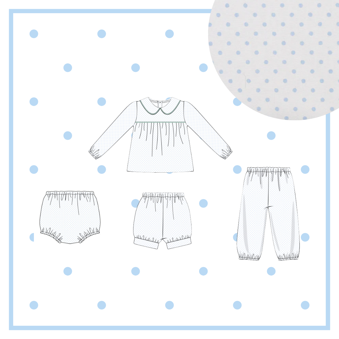 January Arrival Pima Bitty Dot Boys Three Piece Set (Top & Pants with Bubble Shorties OR Diaper Cover)