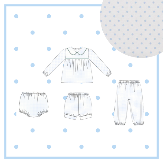 January Arrival Pima Bitty Dot Boys Three Piece Set (Top & Pants with Bubble Shorties OR Diaper Cover)