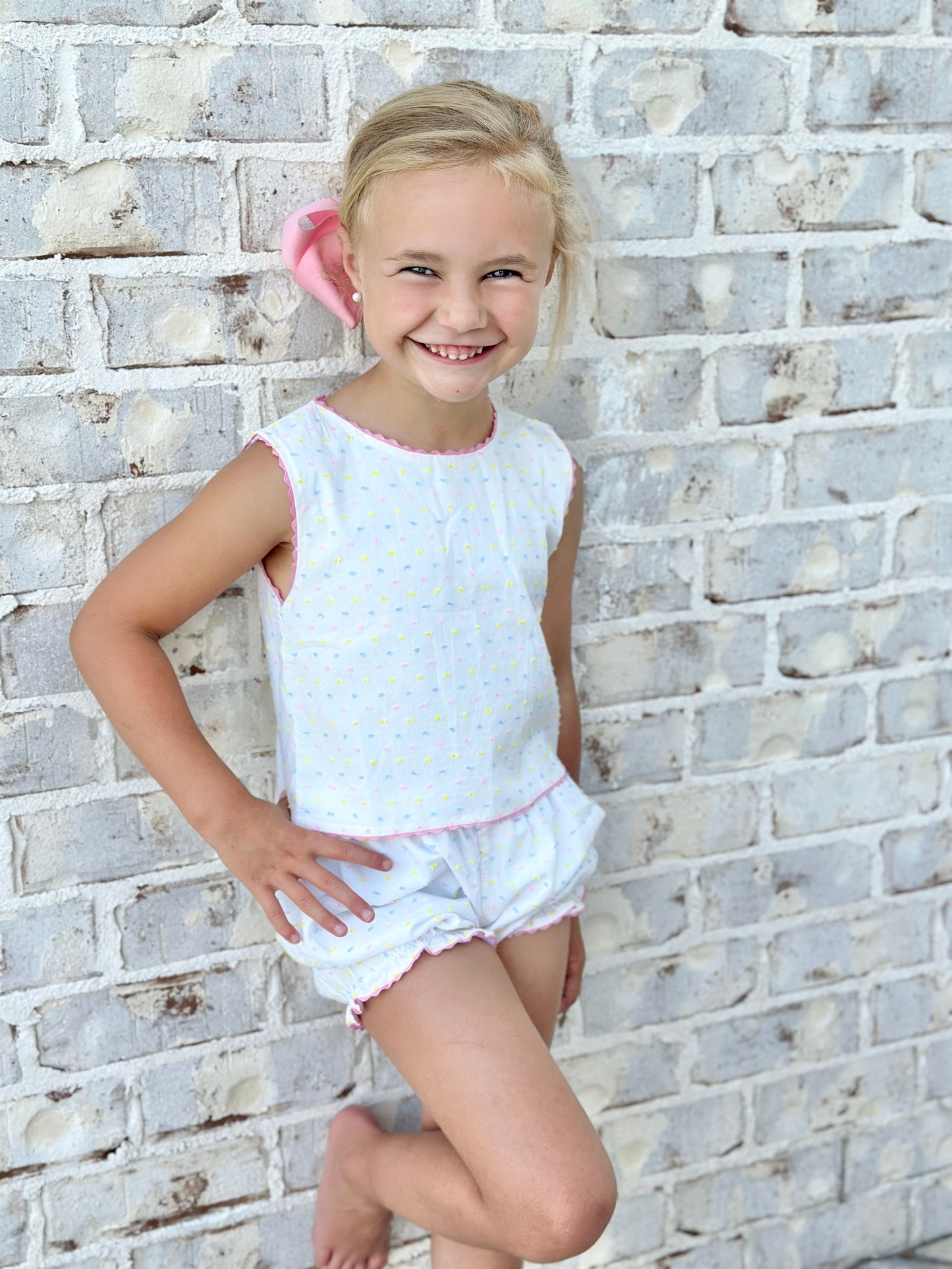 Confetti Swiss Dot Swing Back (A line Top & Bloomers 12m-3t, Straight Cut Top & Shortie shorts 4t-7y)