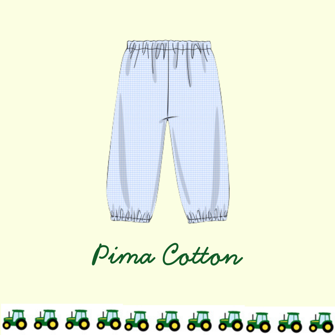 November Arrival Pima Cotton Blue Gingham Bubble Pant (Tractor Ribbon Match)