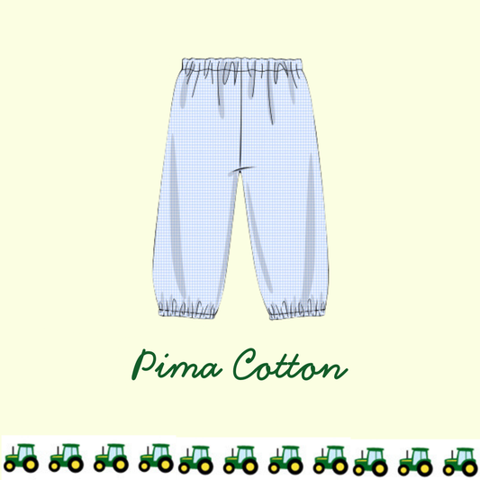 November Arrival Pima Cotton Blue Gingham Bubble Pant (Tractor Ribbon Match)