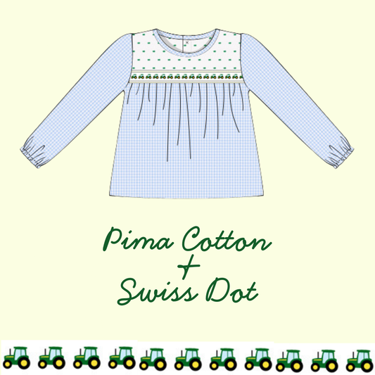 November Arrival Pima Cotton & Swiss Dot Tractor Ribbon Float Top