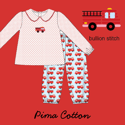 November Arrival BOYS Pima & Bullion Stitch Firetruck Pant Set