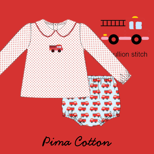 November Arrival BOYS Pima & Bullion Stitch Firetruck Diaper Set