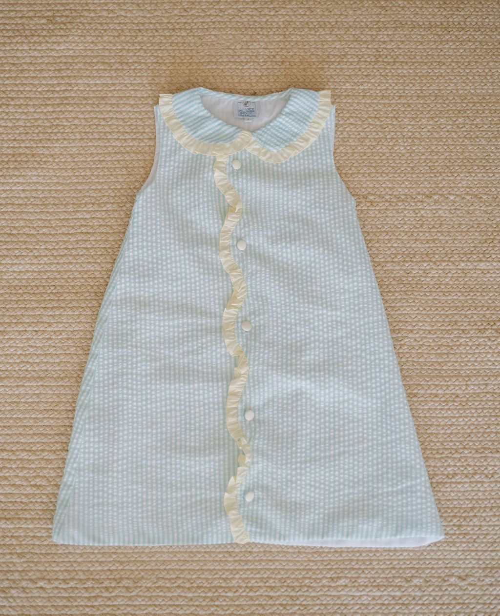 Dress - Mint Striped Seersucker, Yellow Ruffle Trim