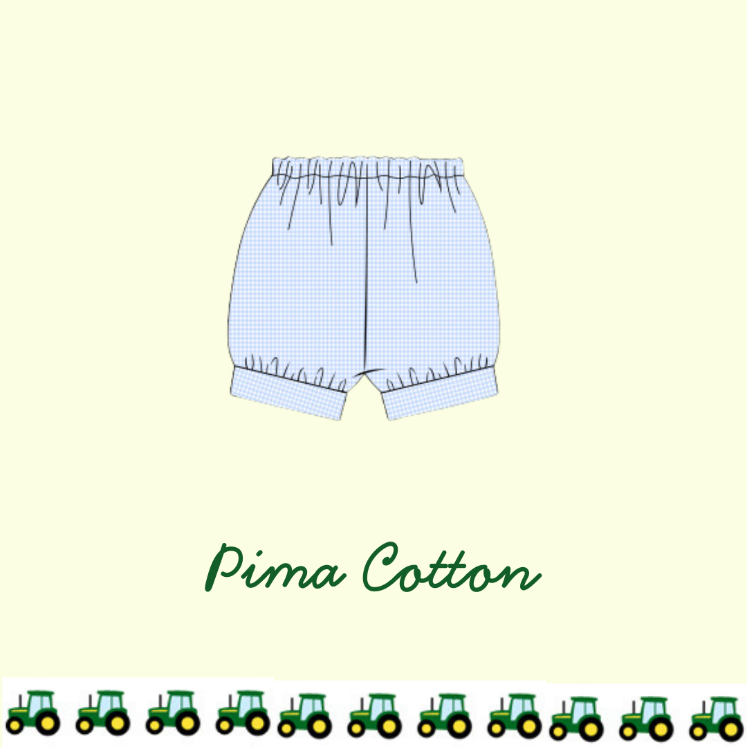 November Arrival Pima Cotton Blue Gingham Wide Banded Shorties (Tractor Ribbon Match)