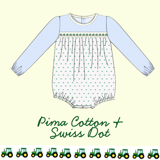 November Arrival Pima Cotton & Swiss Dot Tractor Ribbon Bubble