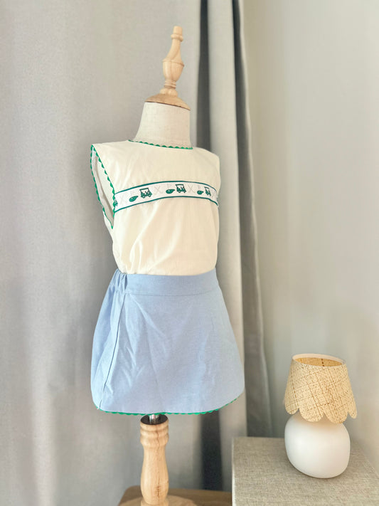 Golf Ribbon Yellow Mini Stripe Top & Blue Oxford Fabric Shortie Skort
