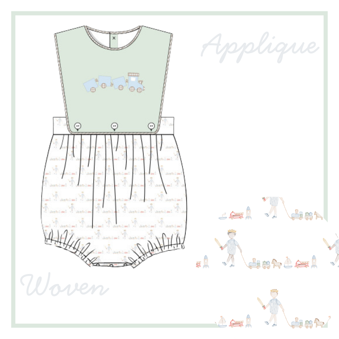 December Arrival Boys Toy Parade Applique Bubble
