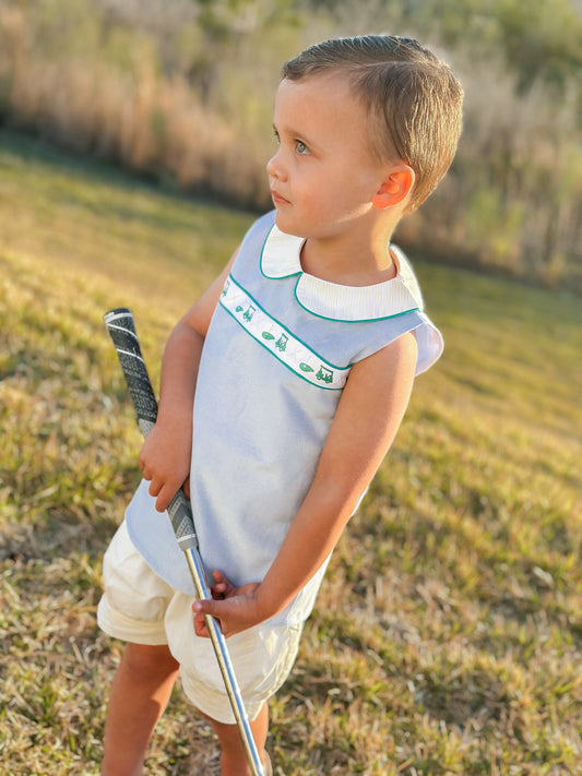Boys Golf Ribbon Blue Oxford Fabric & Yellow Mini Stripe Banded Shortie Set