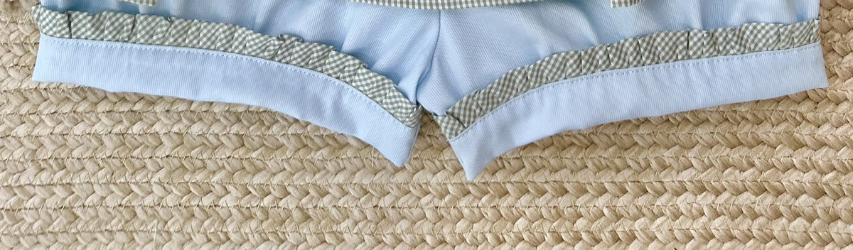 Light blue Wide Banded shorts with sage gingham reverse ruffle