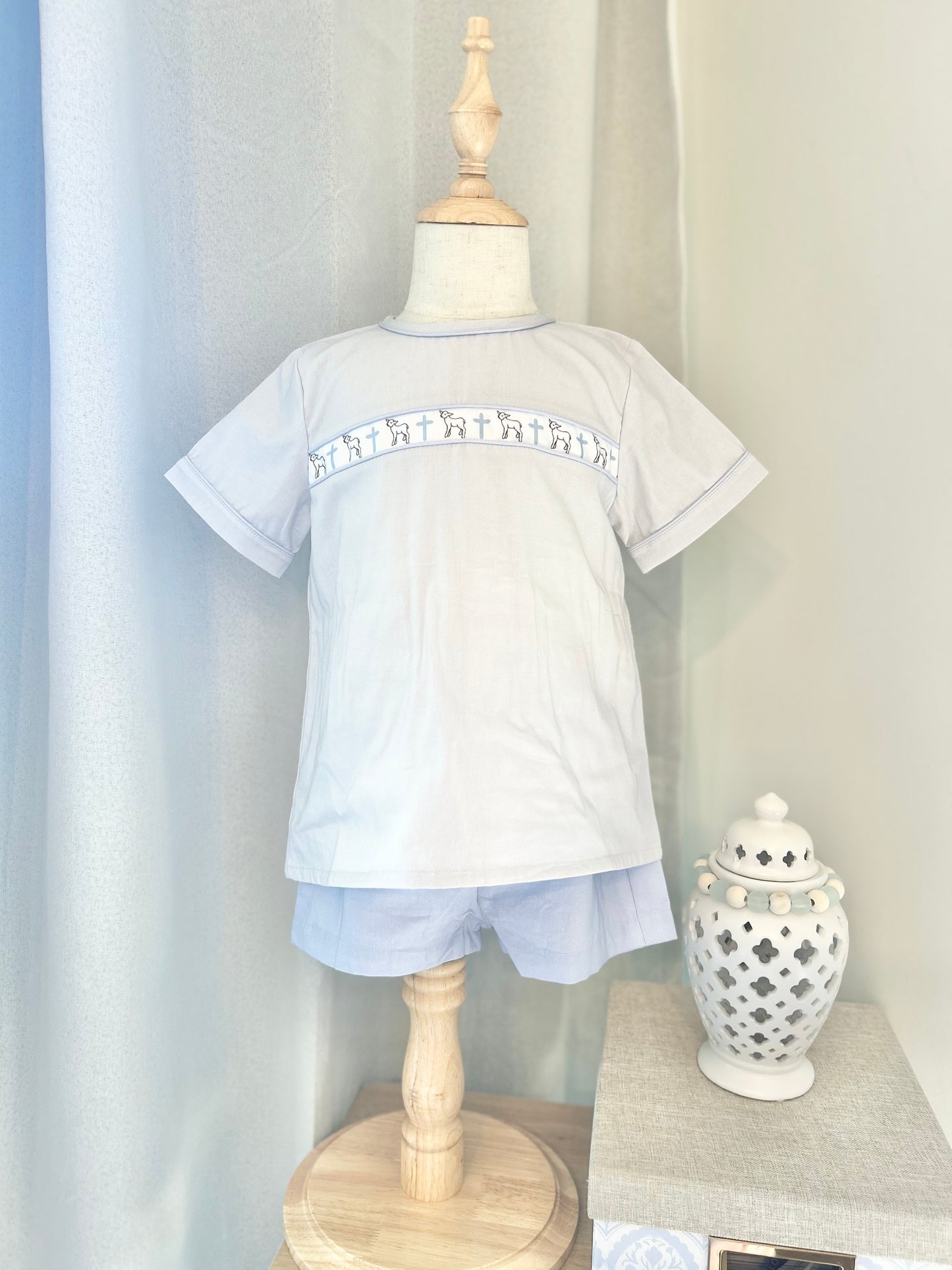 Lamb & Cross Ribbon Boys Flat Front Shortie Set (fits TTS)