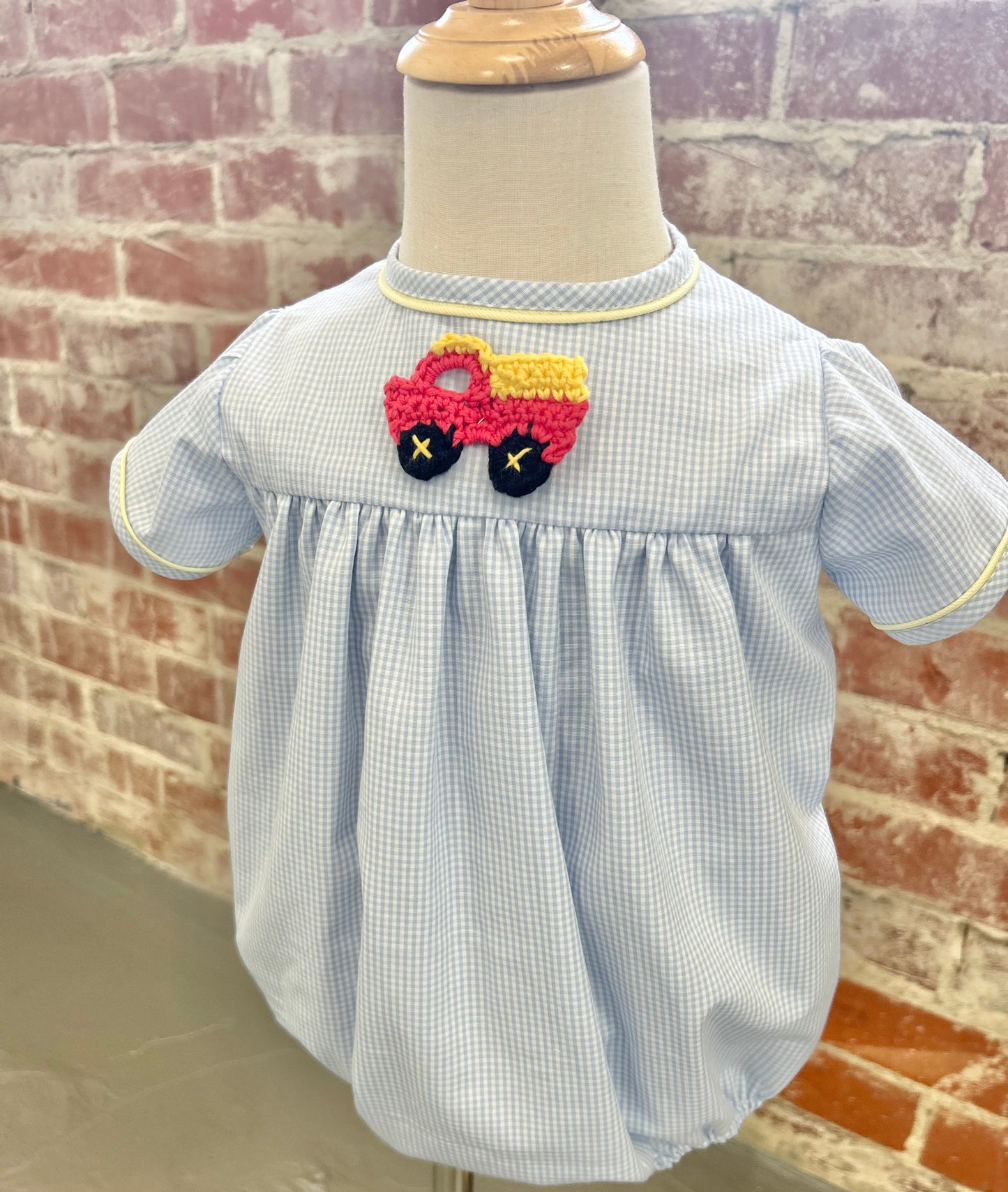 Boys Truck Crochet Blue Gingham & Yellow Pique Cooper Bubble (4 week tat)