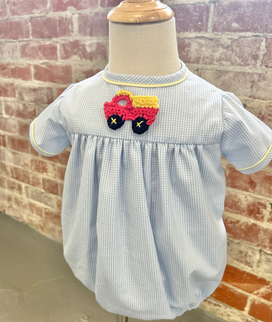 Boys Truck Crochet Blue Gingham & Yellow Pique Cooper Bubble (4 week tat)