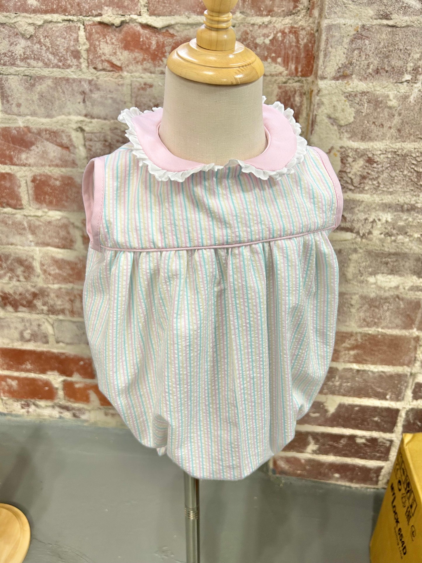 Pink Pastel Stripe Seersucker Harper Bubble, Lace Collar Trim (4 week tat)