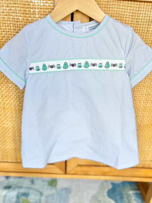 Spooky Ribbon Boys Top (Light Blue Microgingham)