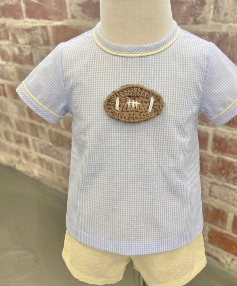 Boys Football Crochet Blue Gingham & Yellow Pique Easton Top & Straight Shorts (4 week tat)