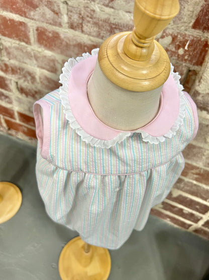 Pink Pastel Stripe Seersucker Harper Bubble, Lace Collar Trim (4 week tat)