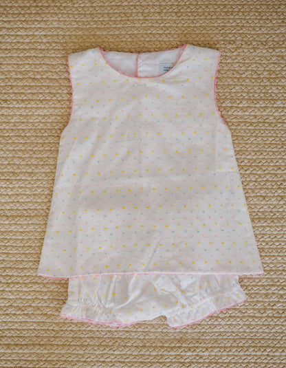 Confetti Swiss Dot Swing Back (A line Top & Bloomers 12m-3t, Straight Cut Top & Shortie shorts 4t-7y)