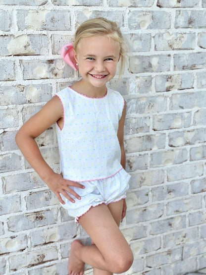 Confetti Swiss Dot Swing Back (A line Top & Bloomers 12m-3t, Straight Cut Top & Shortie shorts 4t-7y)