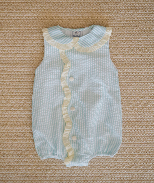 Bubble - Mint Striped Seersucker, Yellow Ruffle Trim
