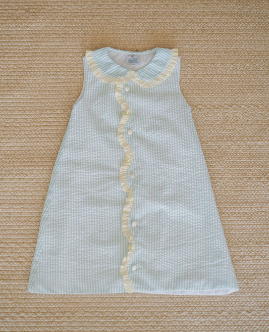 Dress - Mint Striped Seersucker, Yellow Ruffle Trim