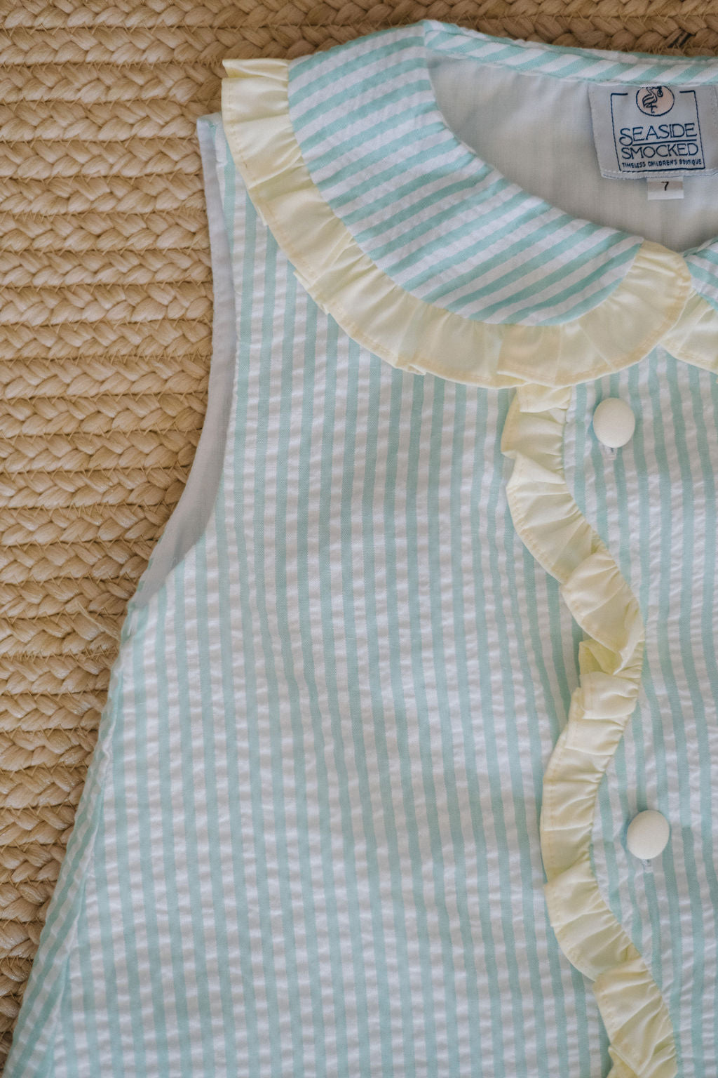 Bubble - Mint Striped Seersucker, Yellow Ruffle Trim