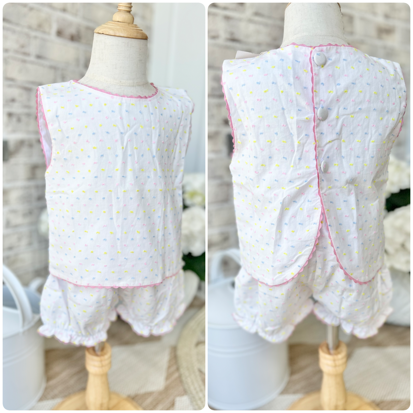 Confetti Swiss Dot Swing Back (A line Top & Bloomers 12m-3t, Straight Cut Top & Shortie shorts 4t-7y)