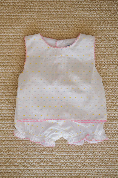 Confetti Swiss Dot Swing Back (A line Top & Bloomers 12m-3t, Straight Cut Top & Shortie shorts 4t-7y)