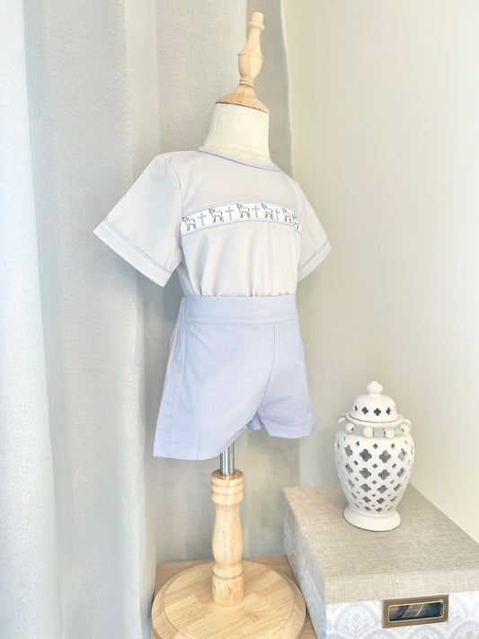 Lamb & Cross Ribbon Boys Flat Front Shortie Set (fits TTS)