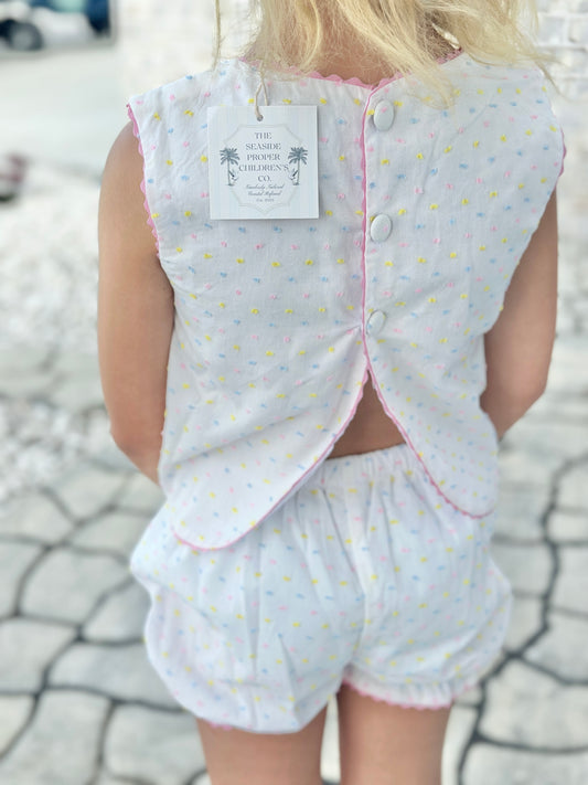 Confetti Swiss Dot Swing Back (A line Top & Bloomers 12m-3t, Straight Cut Top & Shortie shorts 4t-7y)