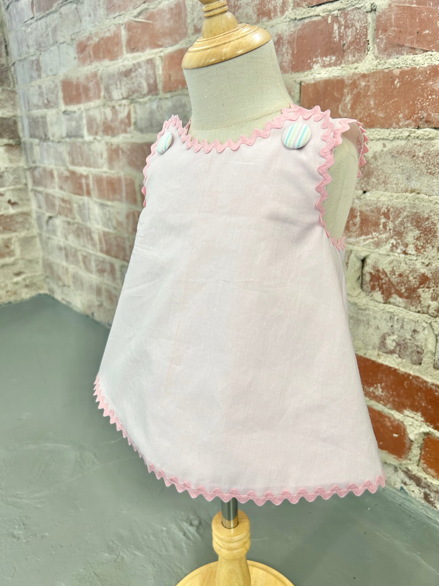 Swing Back Diaper Set (Top; Pink Chambray, Pastel Stripe Seersucker Buttons, Pink RR Trim. Pastel Stripe Seersucker Bloomer. 4 week tat)