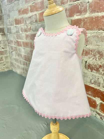 Swing Back Diaper Set (Top; Pink Chambray, Pastel Stripe Seersucker Buttons, Pink RR Trim. Pastel Stripe Seersucker Bloomer. 4 week tat)