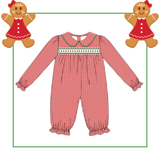 October Presale Girls Gingerbread Ribbon Bubble Romper