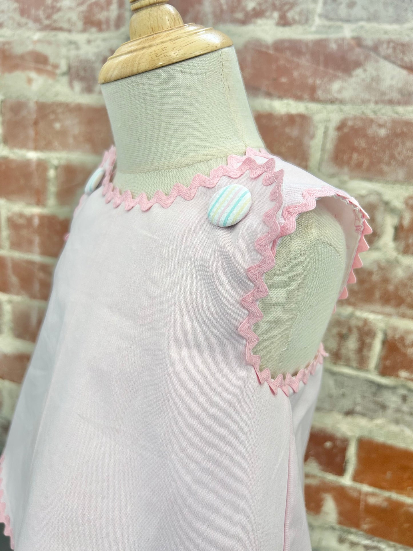 Swing Back Diaper Set (Top; Pink Chambray, Pastel Stripe Seersucker Buttons, Pink RR Trim. Pastel Stripe Seersucker Bloomer. 4 week tat)