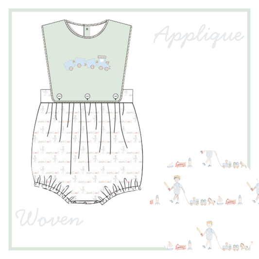December Arrival Boys Toy Parade Applique Bubble