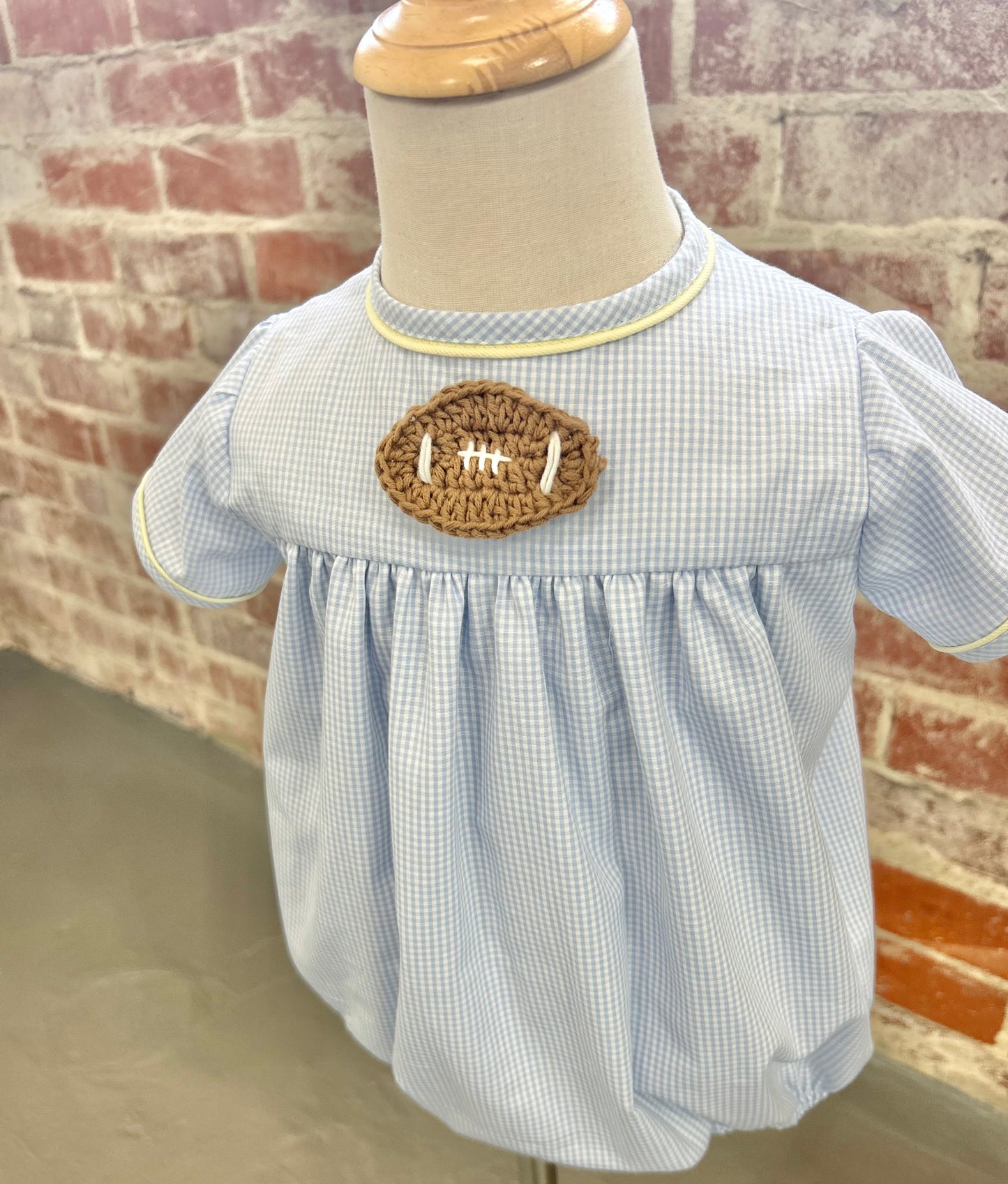 Boys Football Crochet Blue Gingham & Yellow Pique Cooper Bubble (4 week tat)