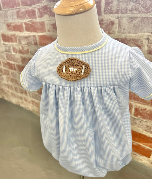 Boys Football Crochet Blue Gingham & Yellow Pique Cooper Bubble (4 week tat)