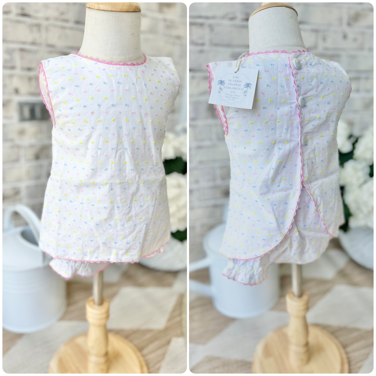 Confetti Swiss Dot Swing Back (A line Top & Bloomers 12m-3t, Straight Cut Top & Shortie shorts 4t-7y)