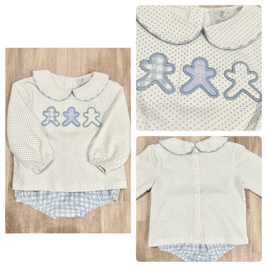 November Arrival Blue Gingerbread Applique Pima Diaper Set