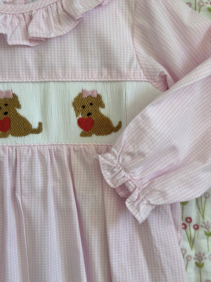 Girls Puppy Love Smocked Gingham Romper
