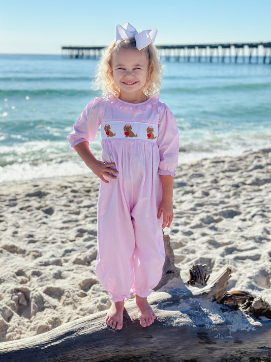 Girls Puppy Love Smocked Gingham Romper