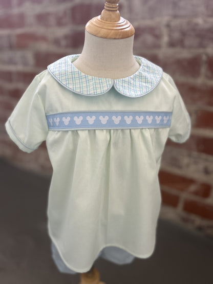 Cooper Top in seafoam with plaid Peter Pan collar, blue Mickey ribbon and blue piping