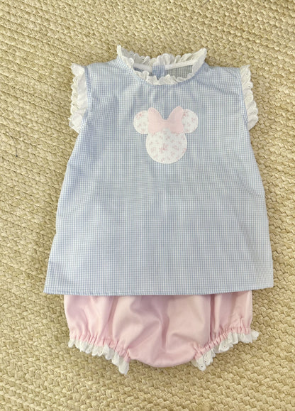 Lily Top in blue gingham with Minnie appliqué and standing eyelet ruffle at neck and arms, shown with pink ruffle bloomer
